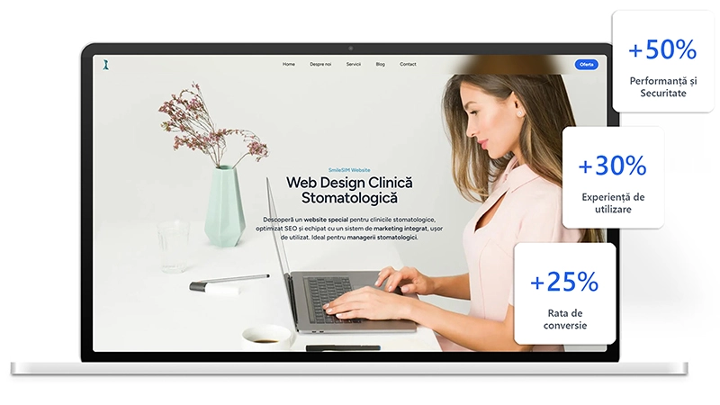 Femme utilisant un ordinateur portable avec un site web premium pour les cliniques dentaires, optimisé pour la performance.